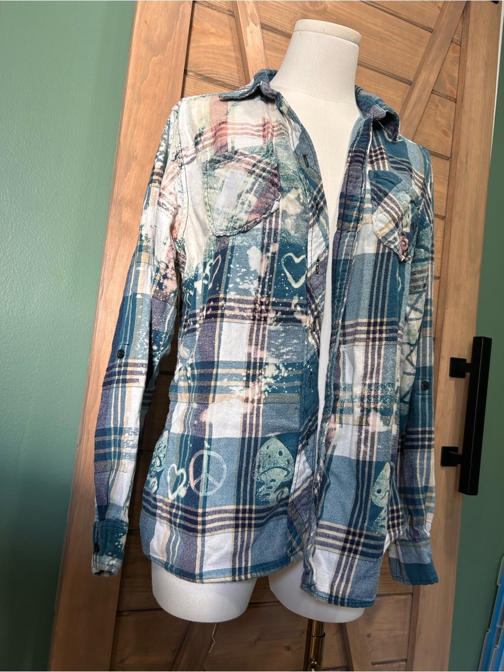 BTC Teal & Cream Plaid Bleach Flannel Button Up